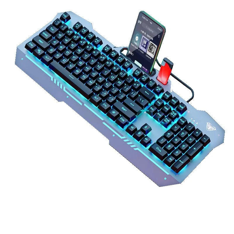 Black and white wired keyboard mouse and headset bundle with RGB LED backlighting on desk