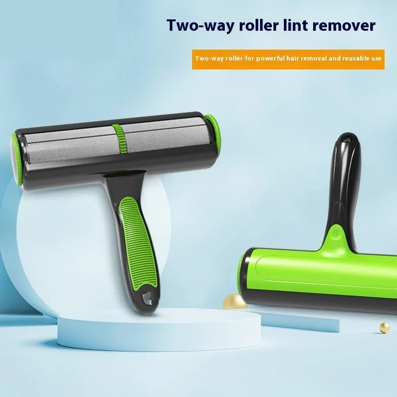 Automatic pet hair lint roller with rotating brush head in green colour.