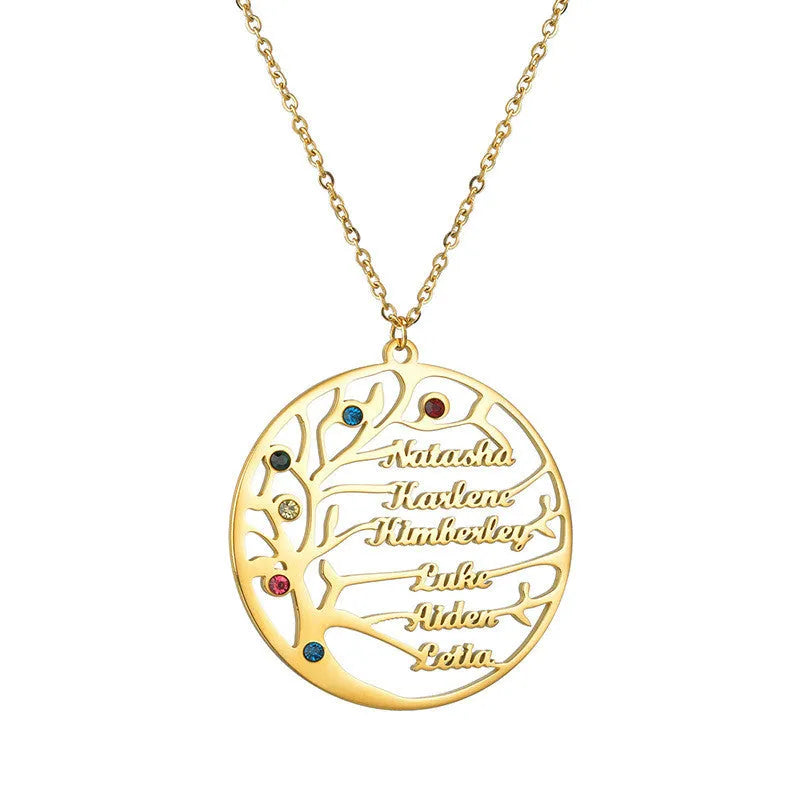 Personalized stainless steel Tree of Life necklace with custom name, gold or rose gold or steel colour clavicle chain