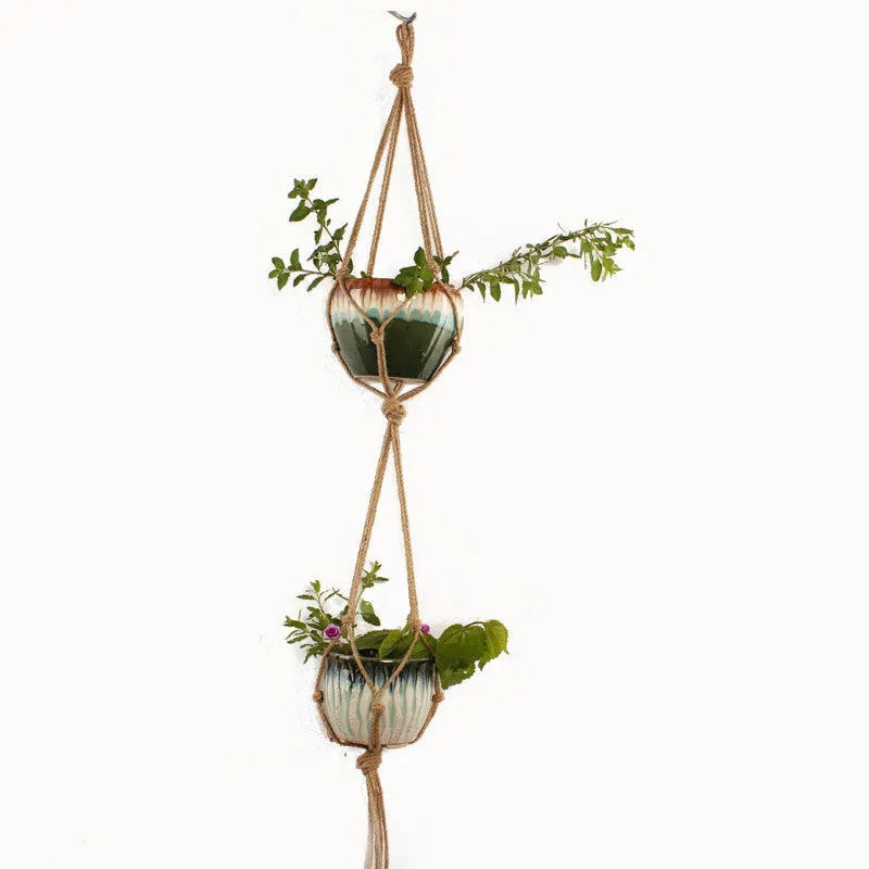 Cotton rope woven wire basket planter shown in desktop, wall hanging, and hanging configurations