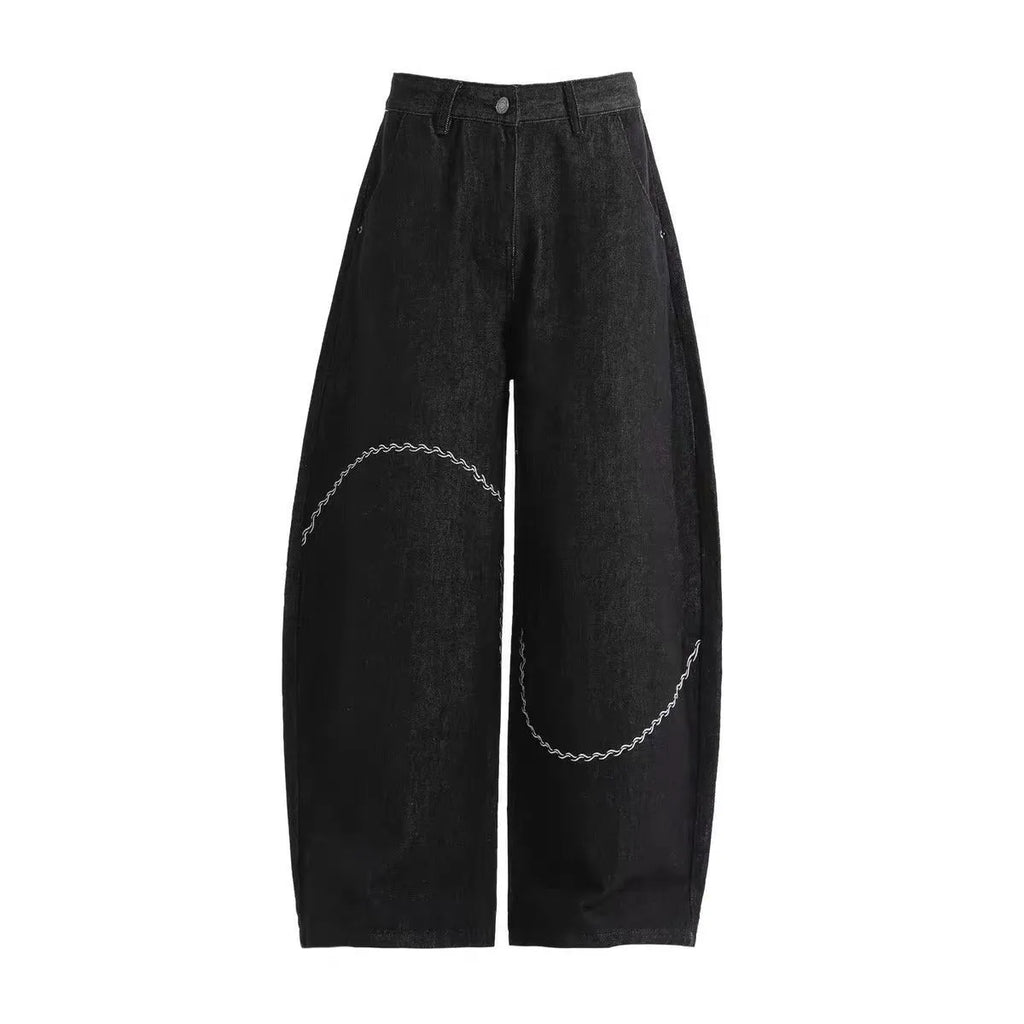 Black straight-leg trousers with mid waist and zip placket closure in polyester denim fabric