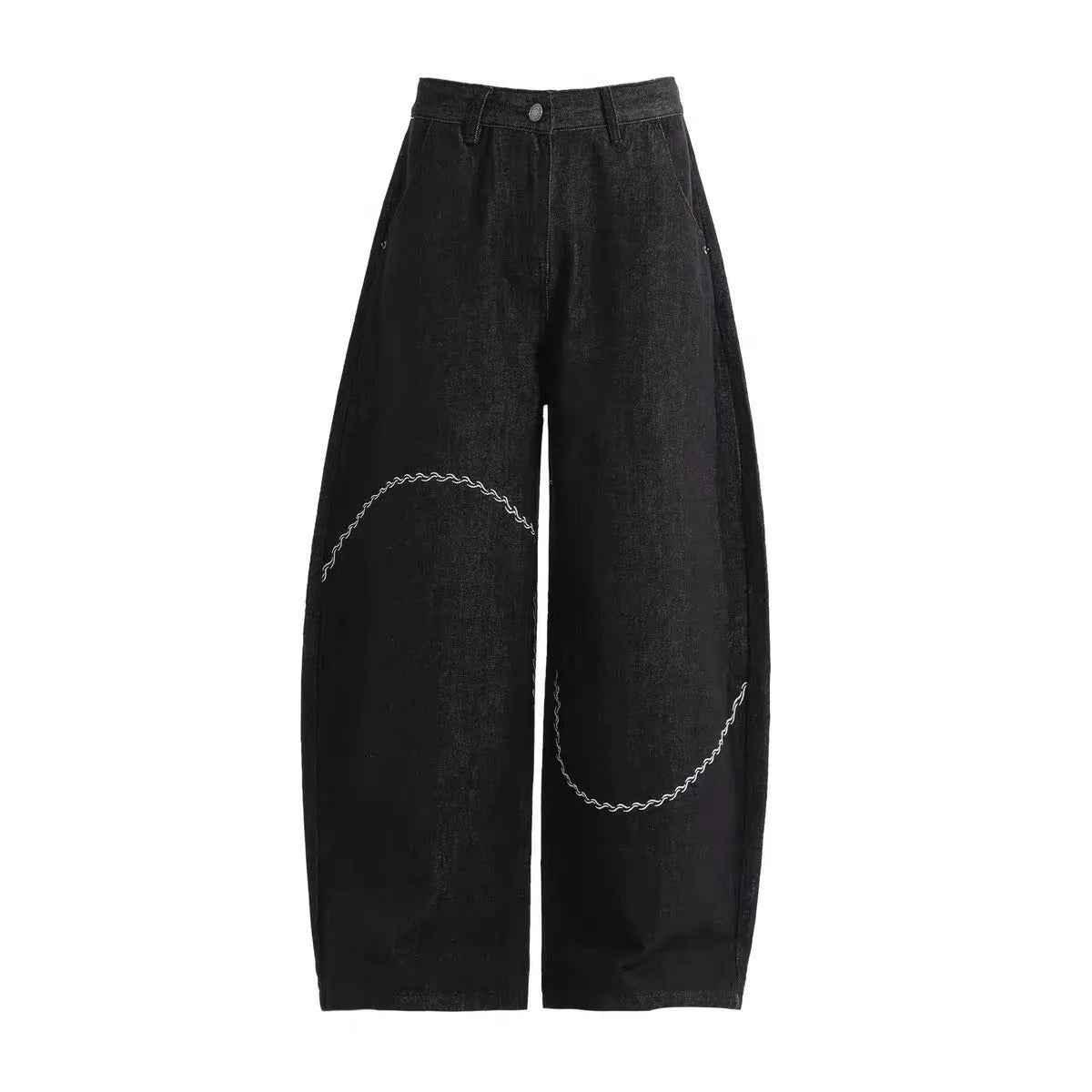 Black straight-leg trousers with mid waist and zip placket closure in polyester denim fabric