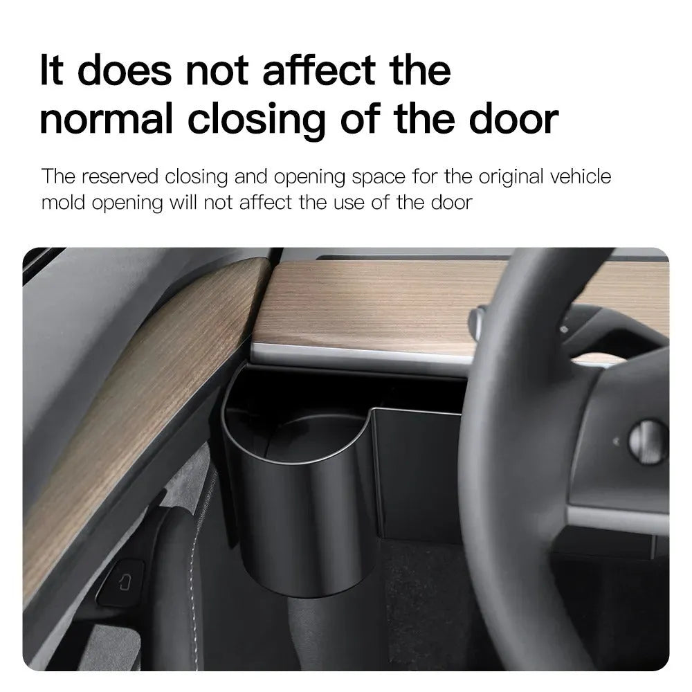 Plastic Tesla Model 3 and Y dashboard cup holder with a handle for left-hand drive cars.
