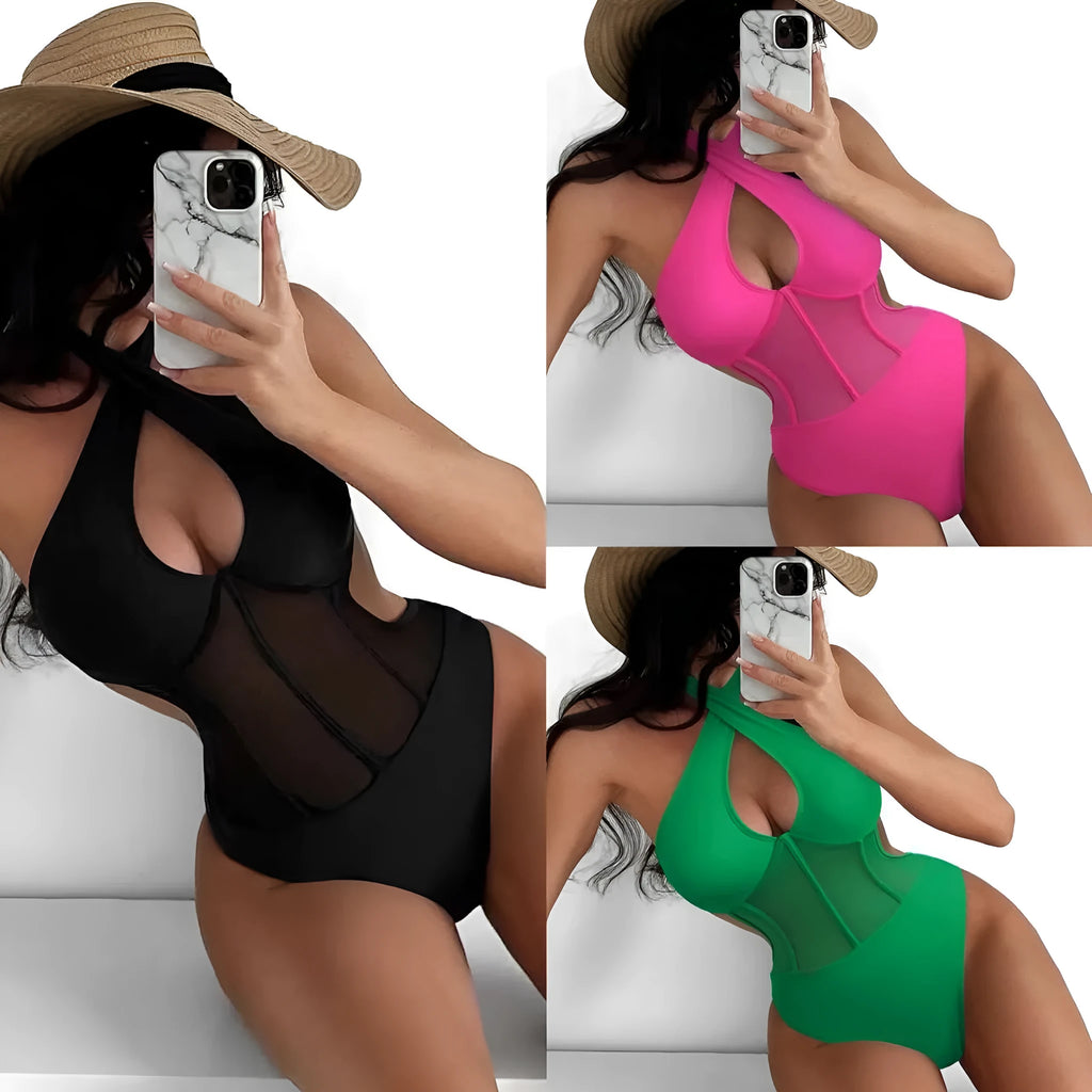Women's black one-piece racerback swimsuit made from nylon and spandex blend fabric.