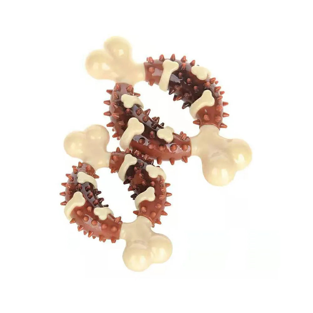 Bone-shaped natural rubber dog dental chew toy for teeth cleaning in large and small sizes.