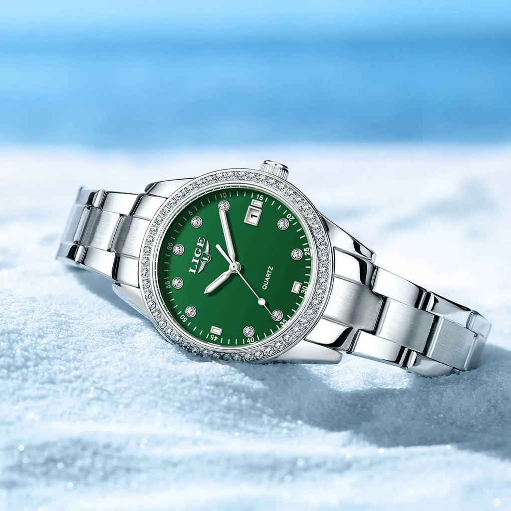 Fashion girl quartz watch with stainless steel case, luminous dial, and spiral crown in silver colour options