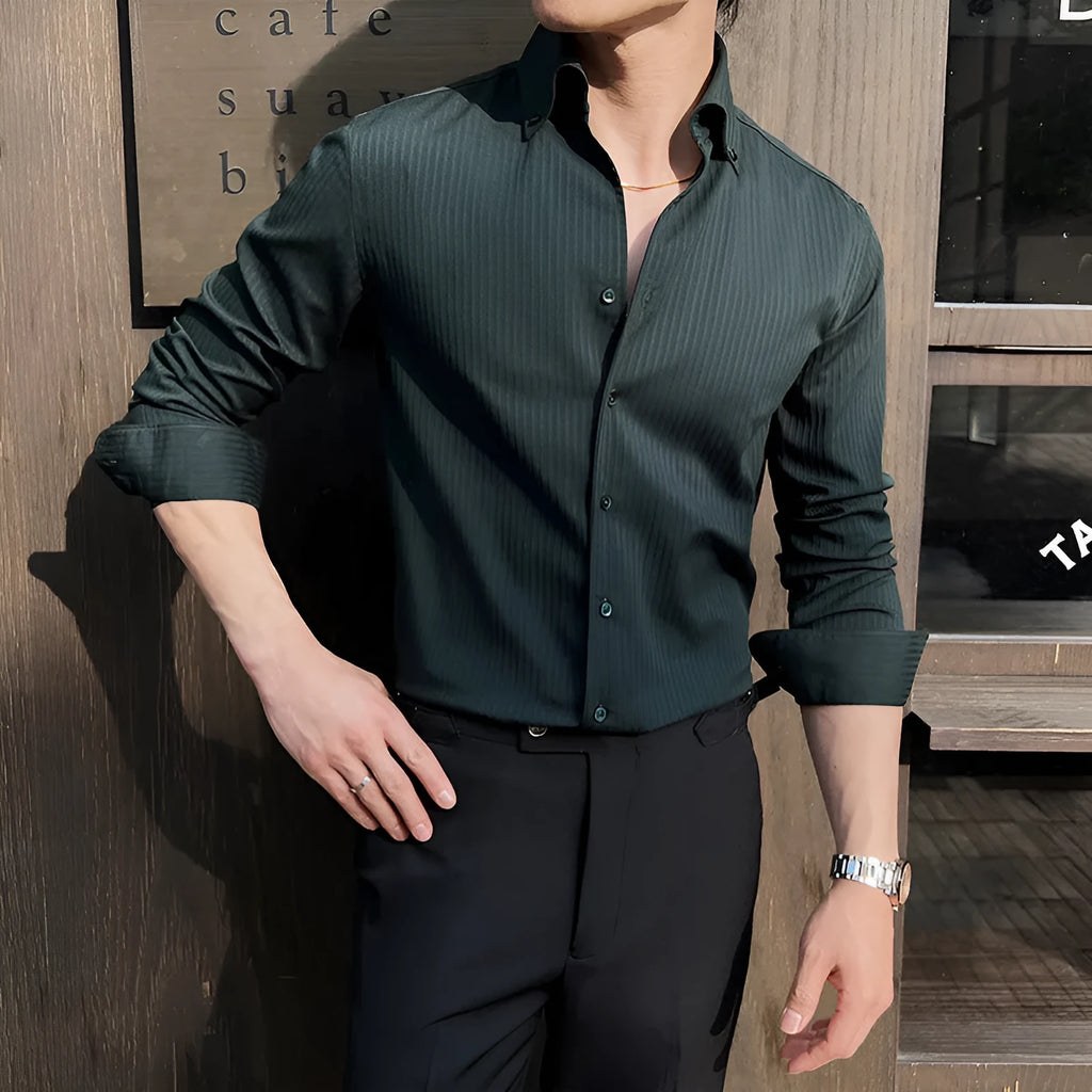 Men's dark stripes V-neck long sleeve casual shirt in chemical fibre blend fabric