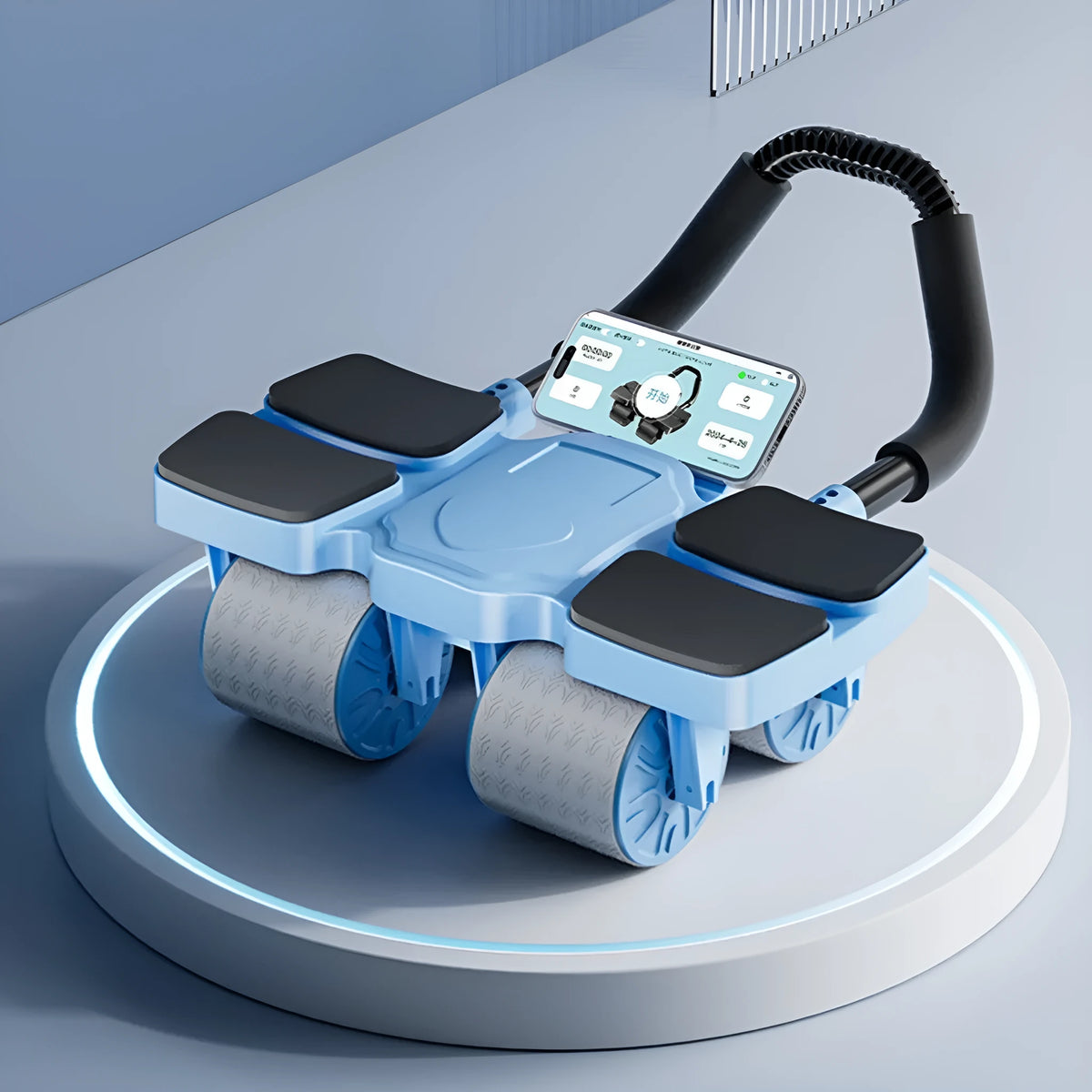 Automatic rebound abdominal wheel with four wheels in black colour on floor