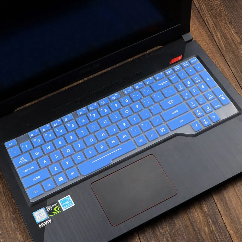 Transparent keyboard protective film for ASUS Flight series laptops showing colour variations including solid, translucent, and gradient options