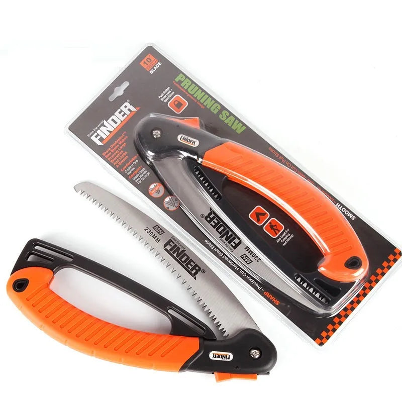 230mm folding garden saw with TPR grip showing folded and open positions
