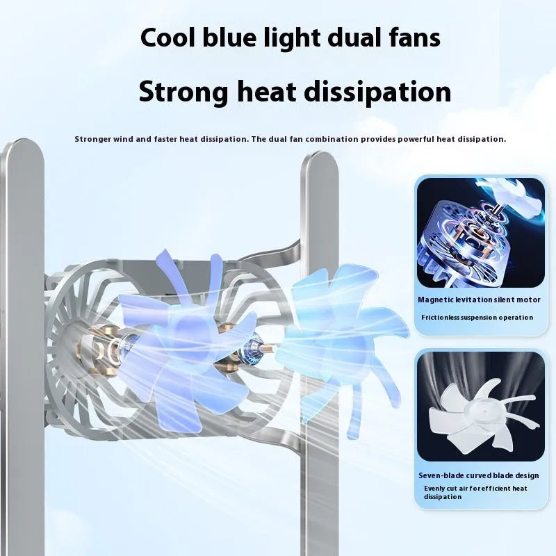 Silver aluminium folding laptop stand with twin cooling fans deployed on a desk.