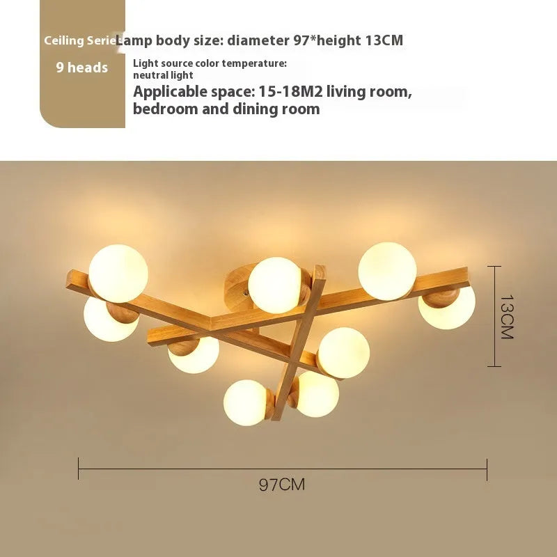 Wooden style living room ceiling light with three adjustable heads in Nordic modern design