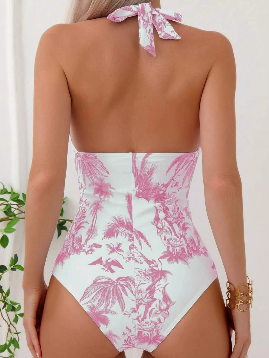 Women's printed V-neck one-piece swimsuit in polyester available in multiple colours and sizes