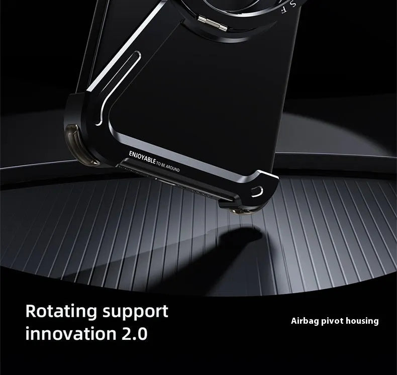 Black metal frame iPhone 17 Pro Max case with integrated magnetic bracket on electroplated surface