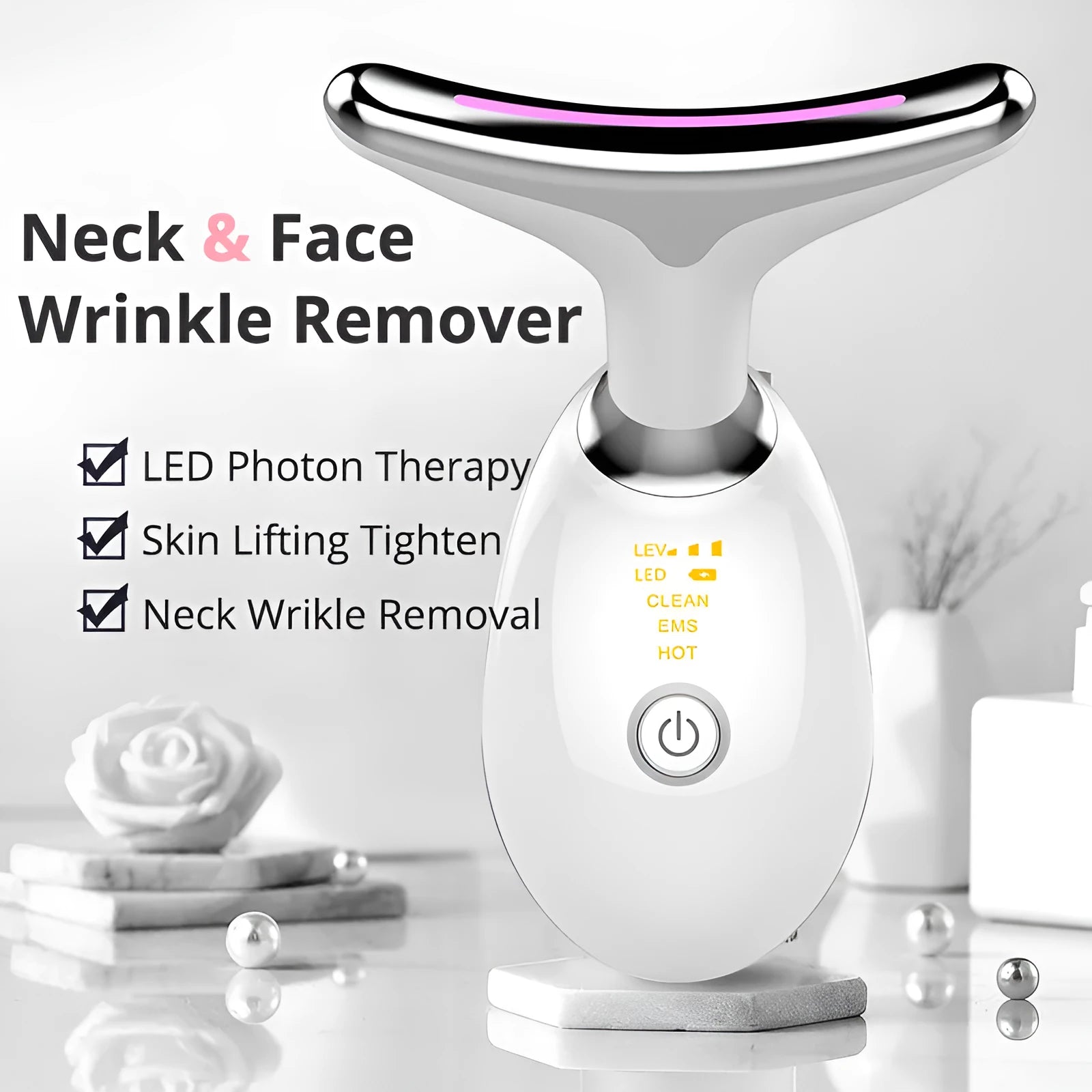 EMS thermal neck lifting massager with three-colour LED lights and USB charging cable.