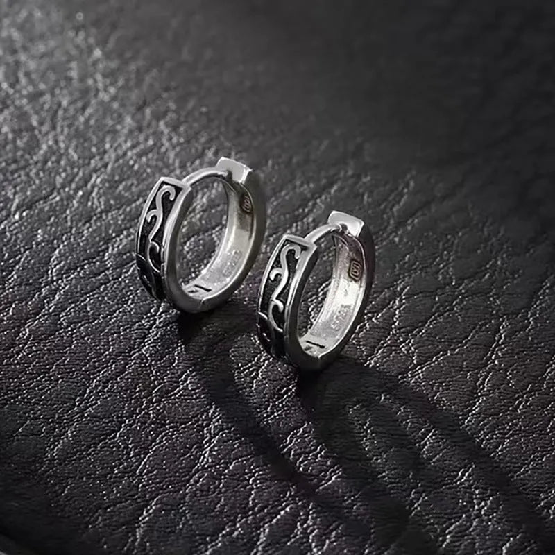Silver geometric men's earrings made from copper, shown in 10mm and 14mm sizes as both single pieces and pairs.