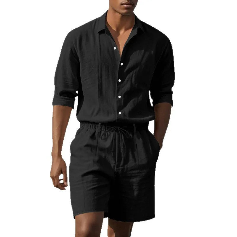 Linen beach suit set showing long sleeve shirt and matching shorts in light blue colour