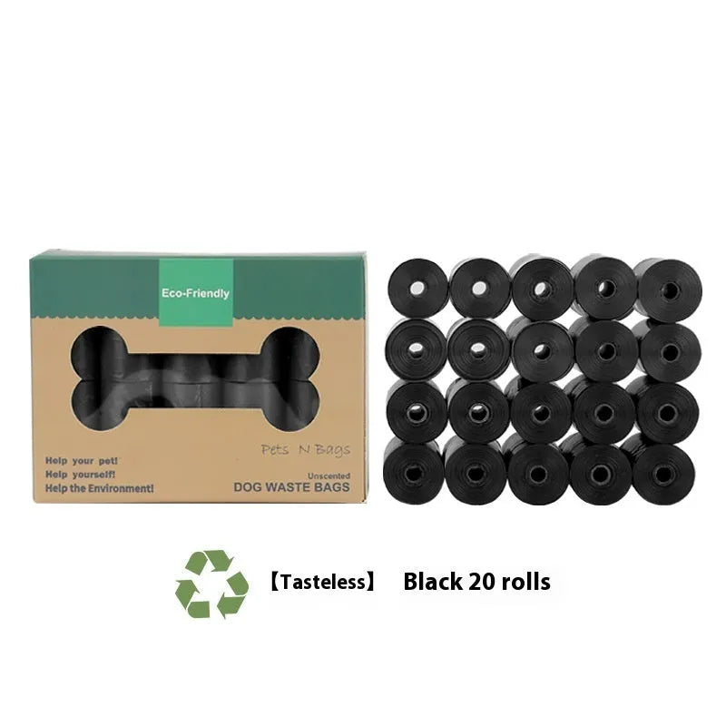 EPI degradable pet waste bag rolls in green, black, blue, and orange colours with a capsule dispenser.
