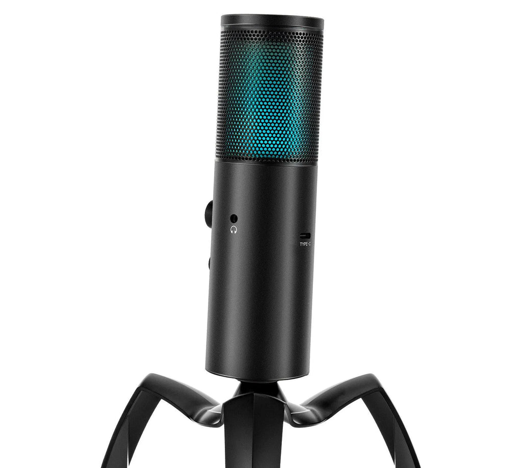 Black Q18 two directional condenser microphone with RGB breathing lamp, metal shell, and adjustable tripod bracket for USB recording