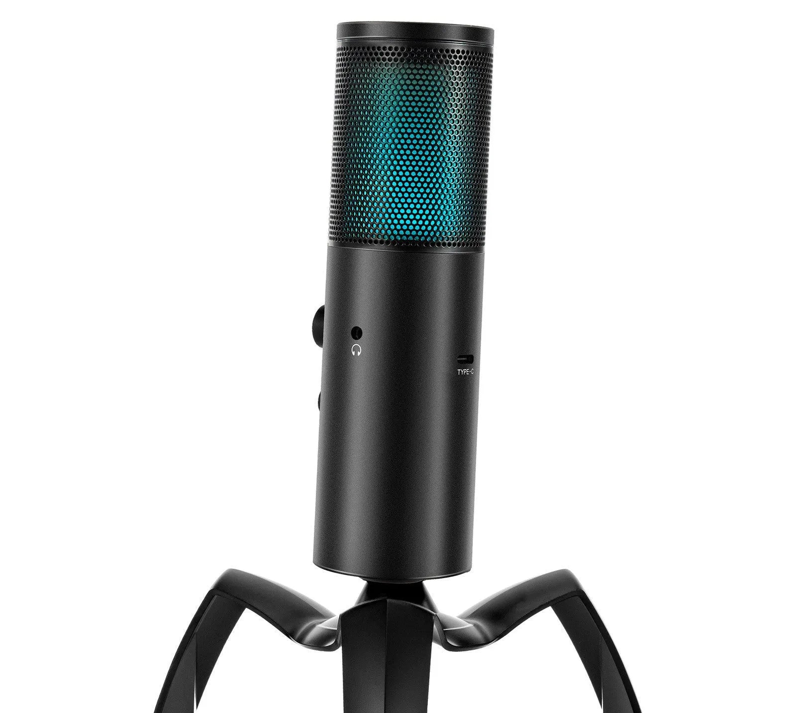 Black Q18 two directional condenser microphone with RGB breathing lamp, metal shell, and adjustable tripod bracket for USB recording
