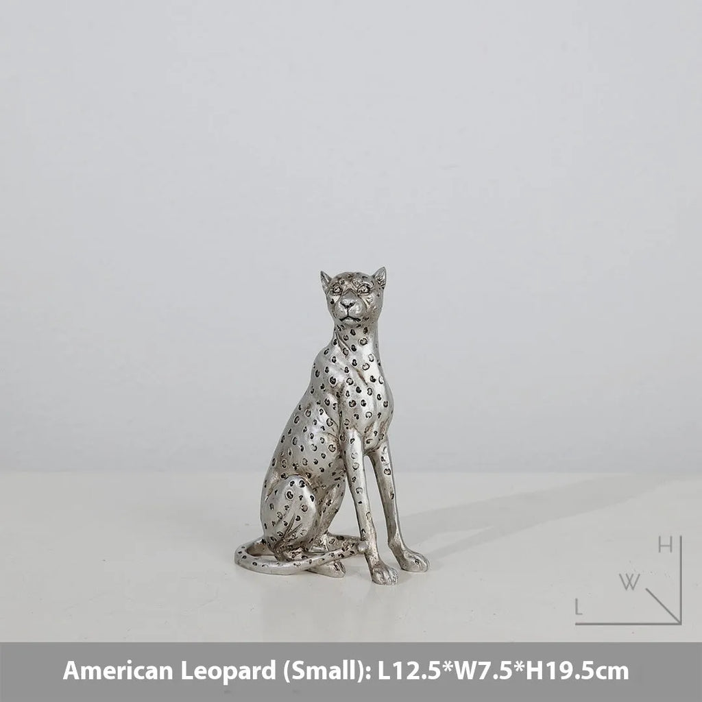 Modern resin leopard figurine ornament in American Leopard colour on a shelf.