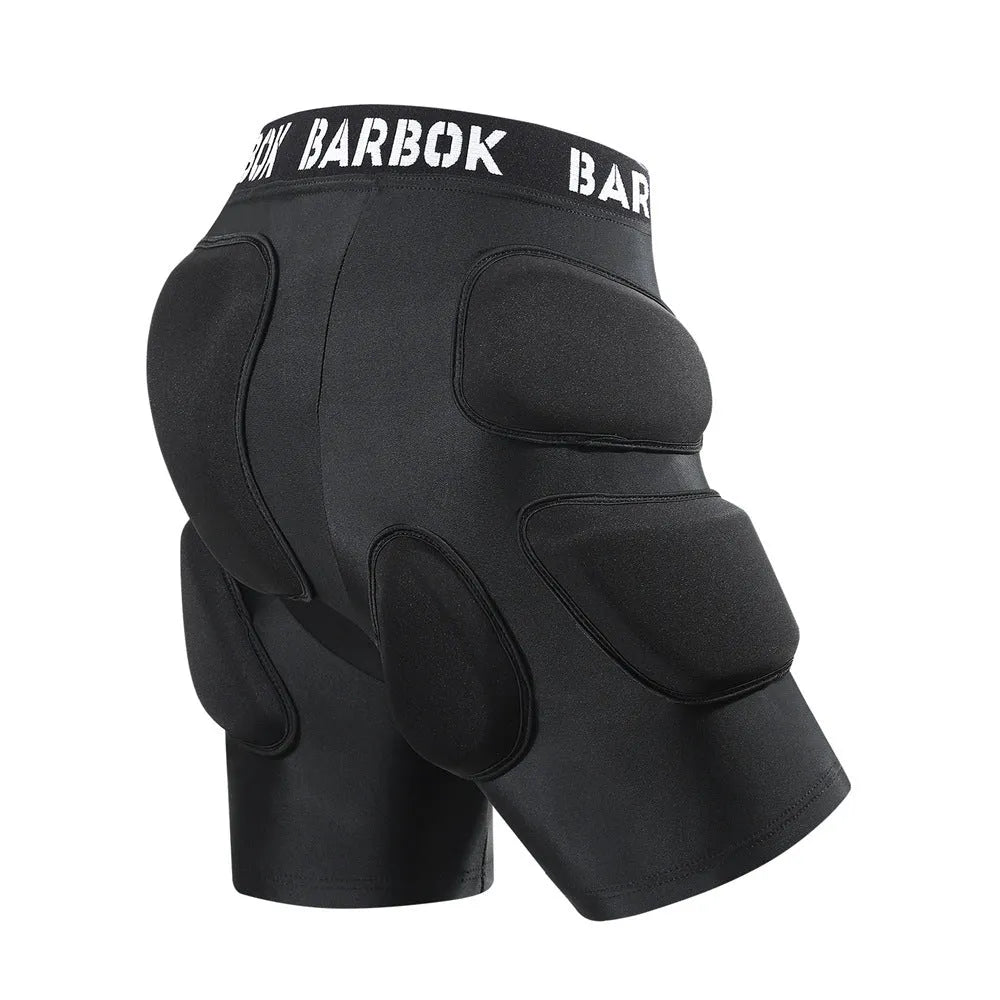 Adult black spandex hip pad pants with built-in protective padding for roller skating and skateboarding.