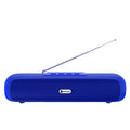 Long strip wireless desktop subwoofer speaker in black, blue, red, or silver grey finishes.