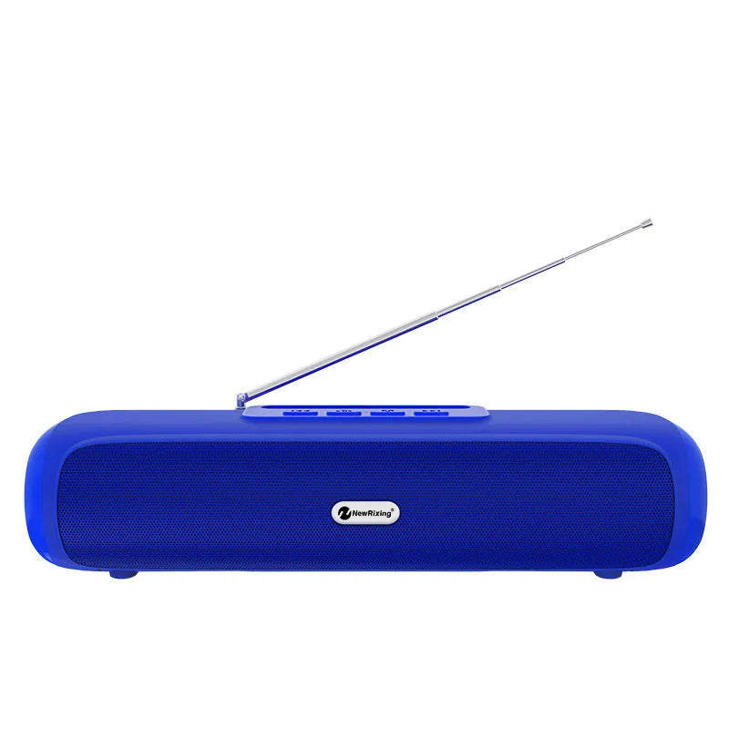 Long strip wireless desktop subwoofer speaker in black, blue, red, or silver grey finishes.