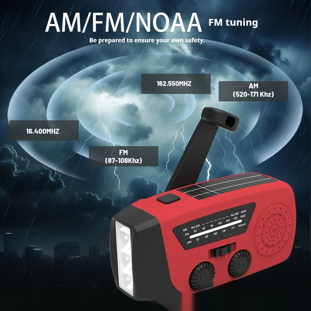 Red rechargeable emergency hand torch with AM/FM radio and wrist strap for disaster preparedness