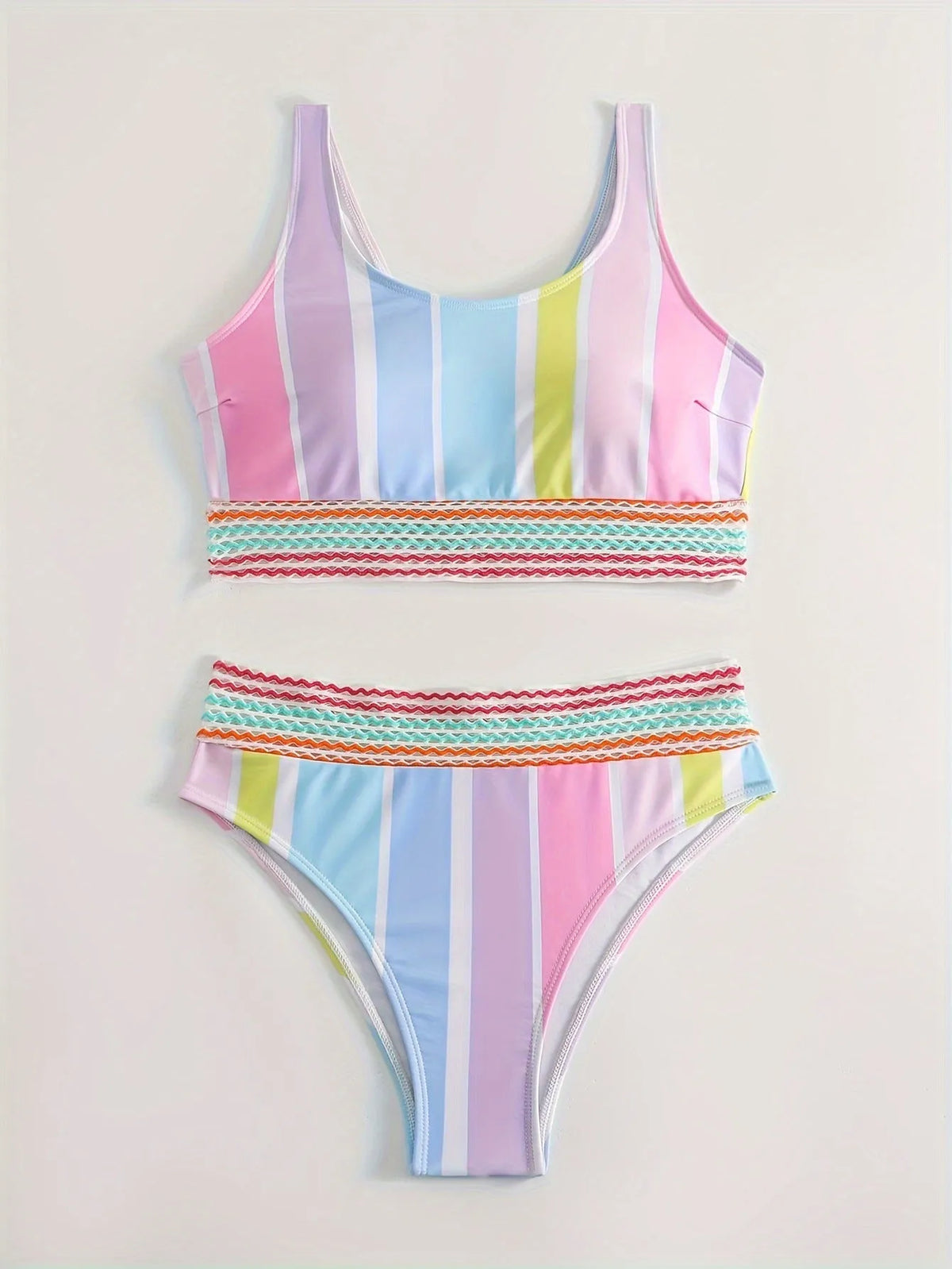 Women's striped two-piece bikini set for swimming and sports casual wear in picture colour.