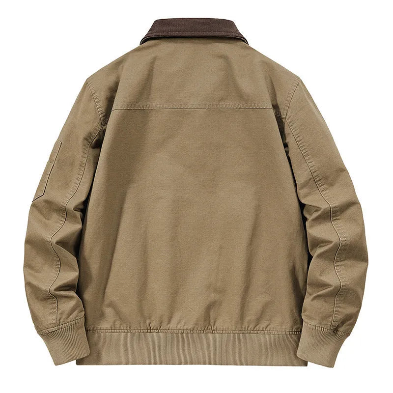 Men's camel coloured washed cotton baseball flight jacket on a hanger