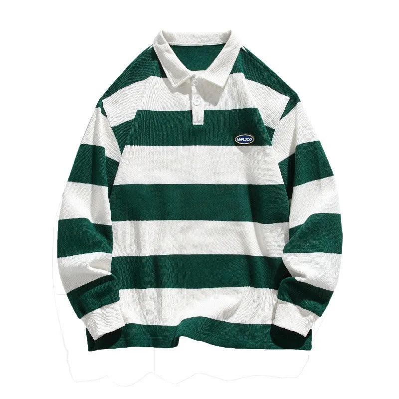 Hong Kong style striped pearl cotton polo shirt in loose fit, shown in sapphire blue colour.