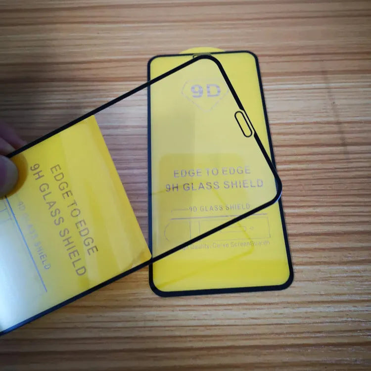 Black full screen glass tempered film protector for Xiaomi smartphones on a white background