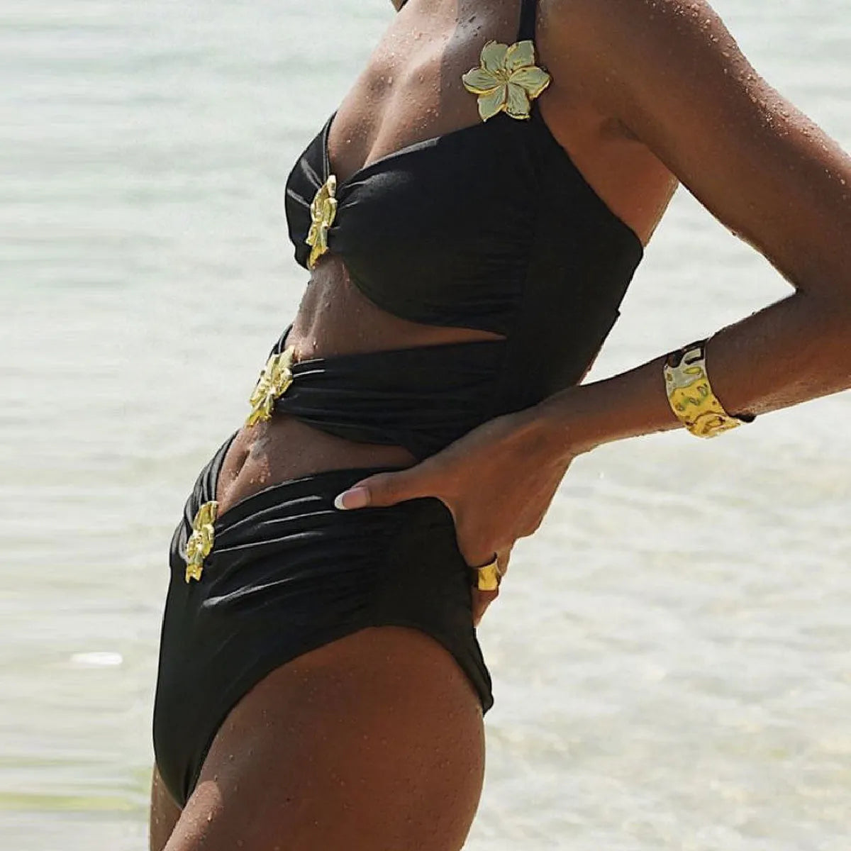 Women's solid colour one-piece swimsuit with high-waist hollow-out design and matching short skirt