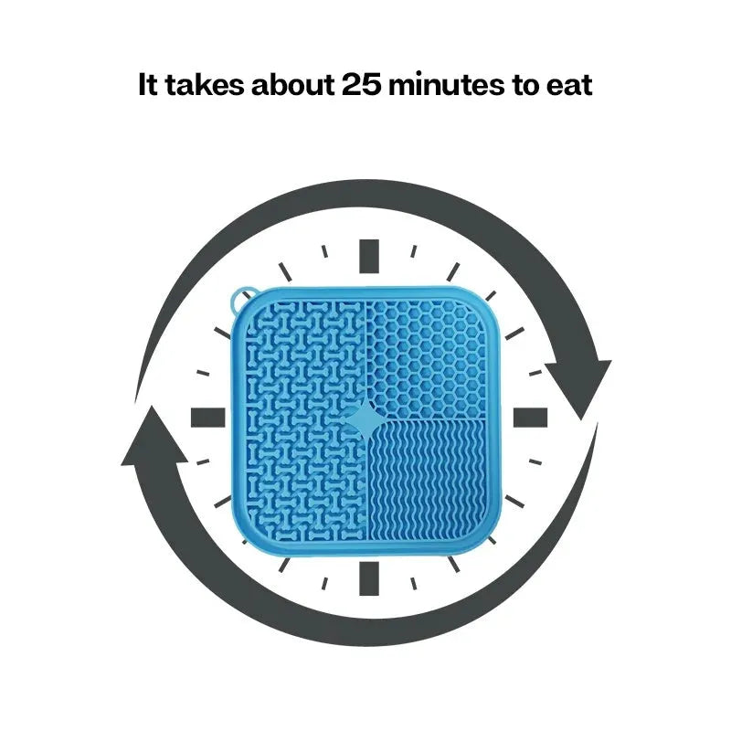 Blue silicone dog lick mat with textured pattern and suction cups on a table.