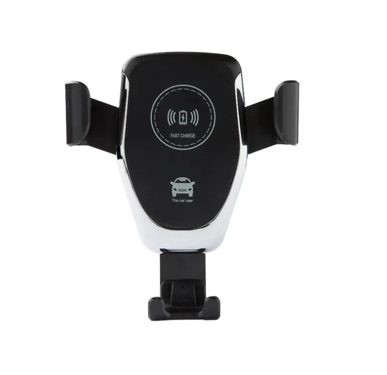 Black wireless car charger mounted on dashboard charging an iPhone