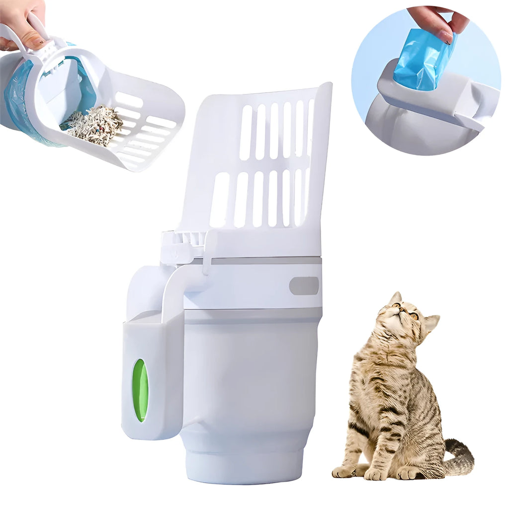 Grey widen cat litter scoop with attached waste bin and foldable bottom, shown with refill bags.