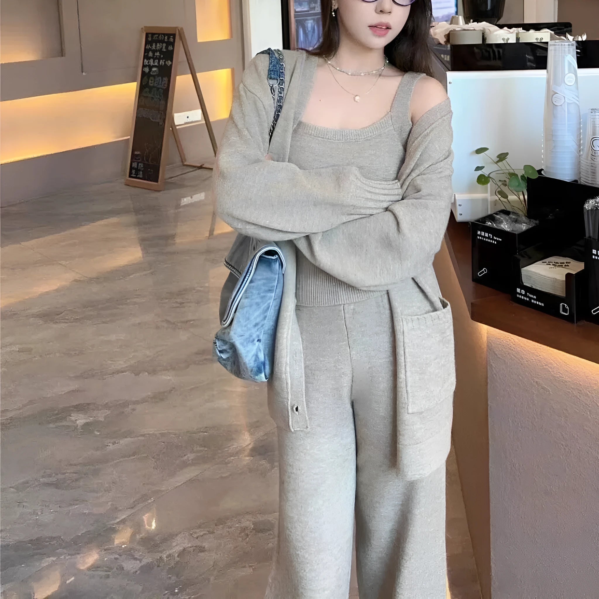 Women's knit cardigan and pants three-piece set in wool blend fabric shown in beige colour