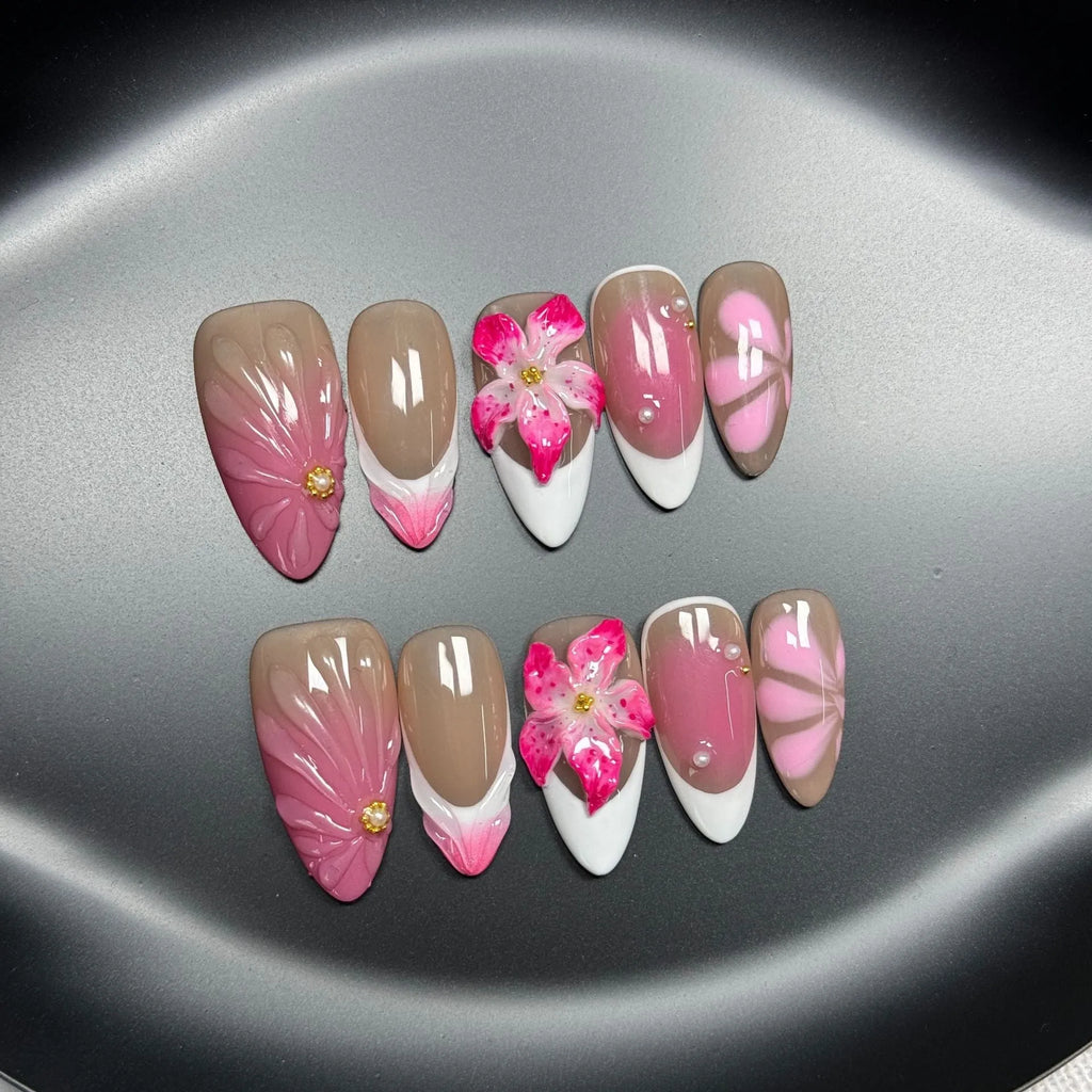 French style press-on artificial nails with 3D lily and ice flower design in almond shape.