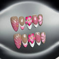 French style press-on artificial nails with 3D lily and ice flower design in almond shape.