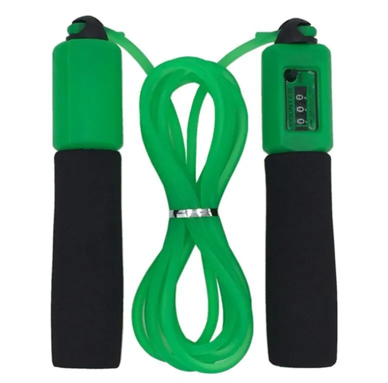 A fitness skipping rope with sponge handles, showing the 3m length and available in black, blue, green, and red colours.