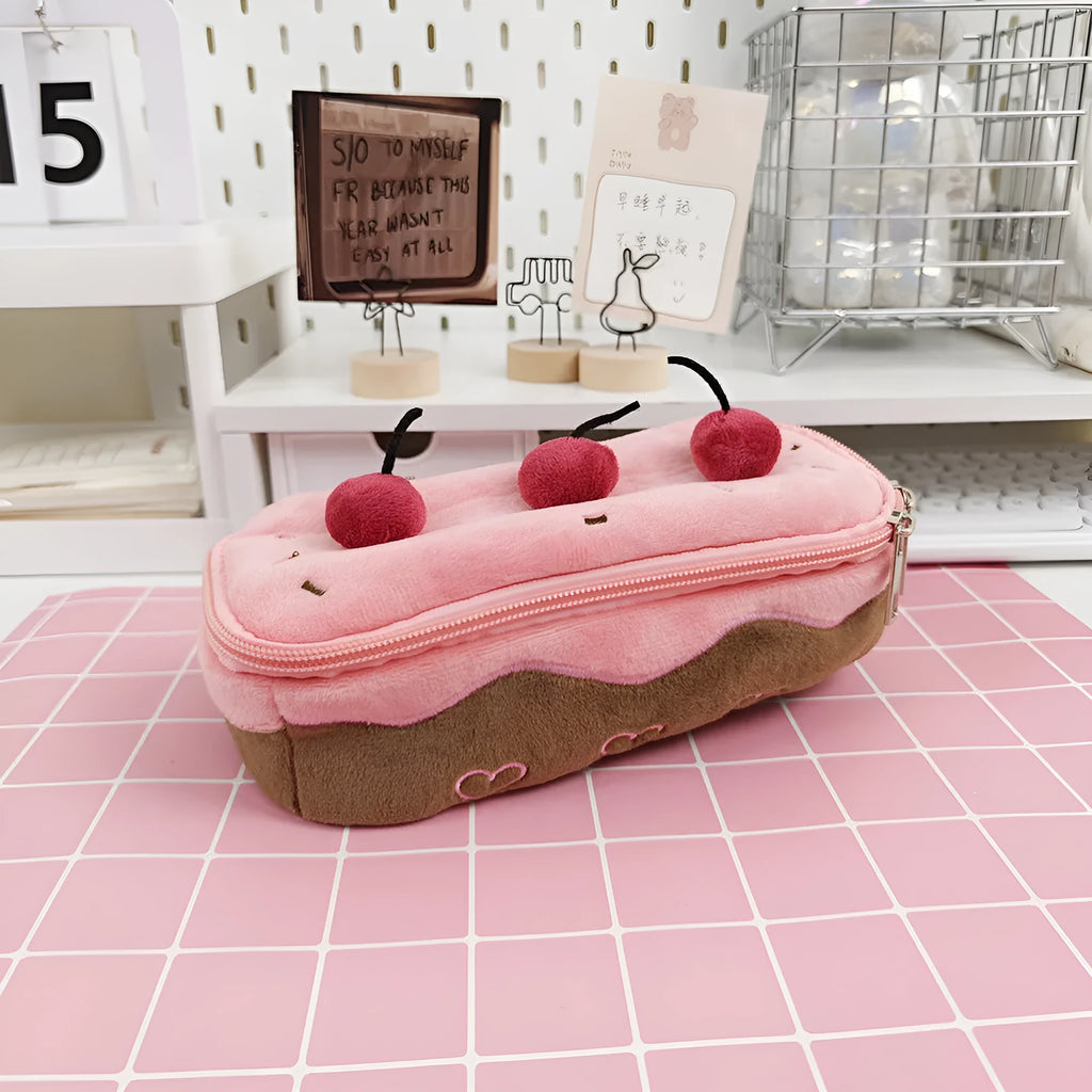 Cherry cake coloured plush velvet pencil bag with Korean style design.
