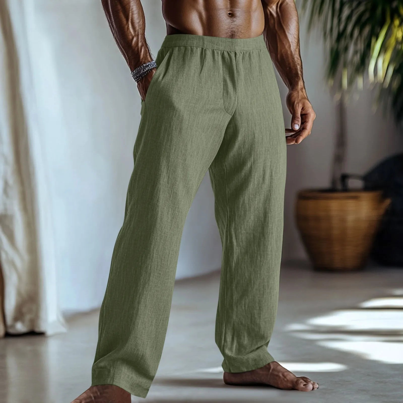 Cotton and linen straight leg casual trousers in light green with British styling and pocket details