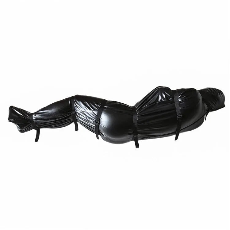 Black patent leather bondage set with body wrap and six ratchet tie down pieces