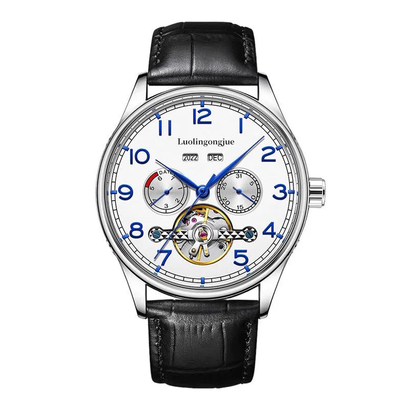 Men's stainless steel mechanical business watch with sapphire glass and leather strap
