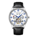 Men's stainless steel mechanical business watch with sapphire glass and leather strap