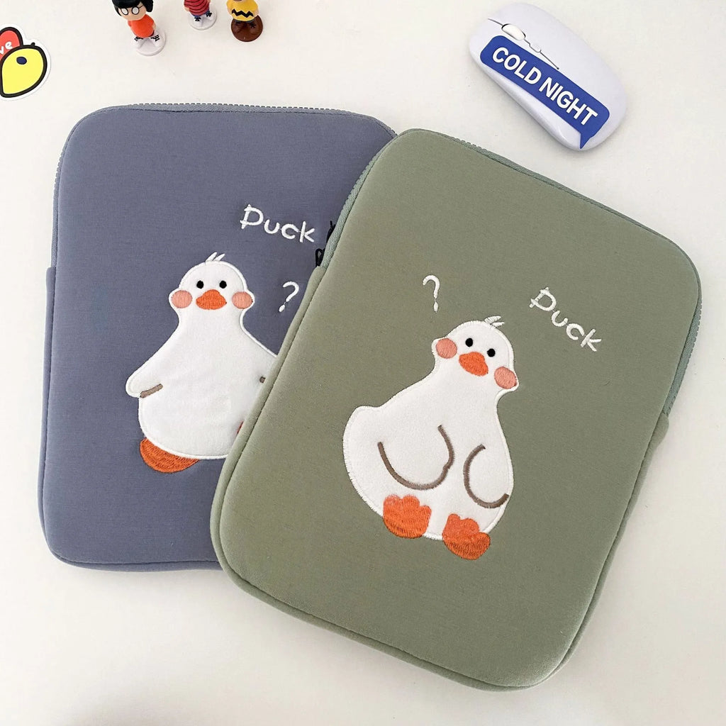 Blue cotton tablet case with embroidered duck design and zipper closure