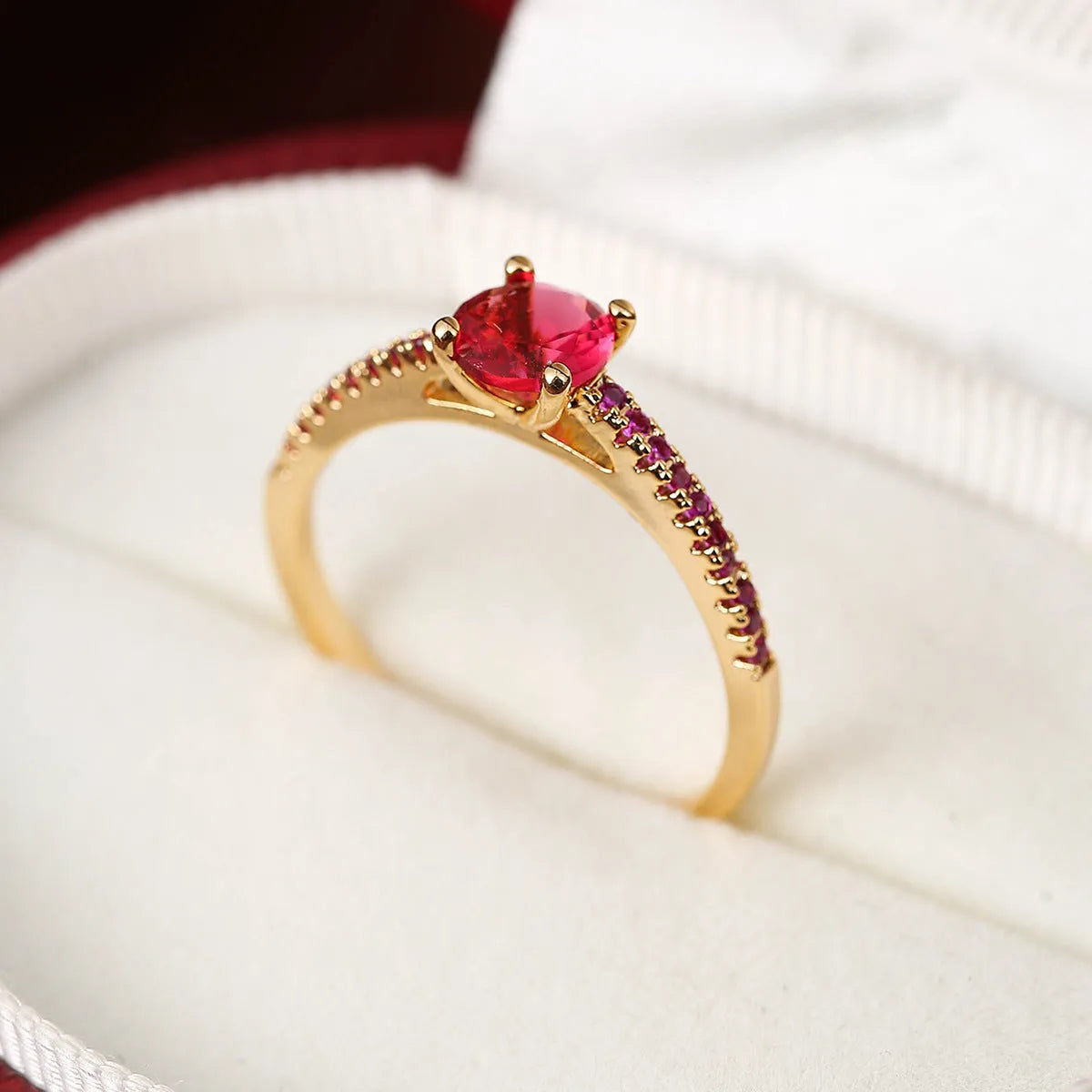 Geometric hexagon copper ring with zircon crystals in gold rose red finish