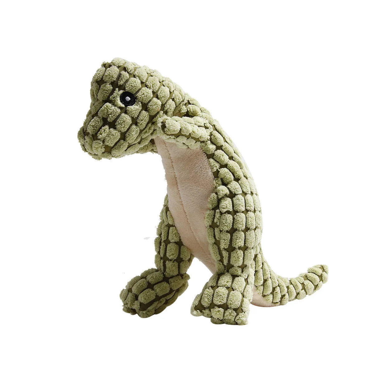 Set of four grey, green, and orange dog toys with sound features for chewing and training