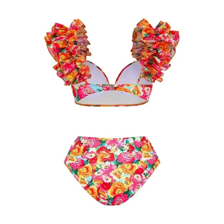 Women's floral pattern push up bikini set with high waist design and split skirt option